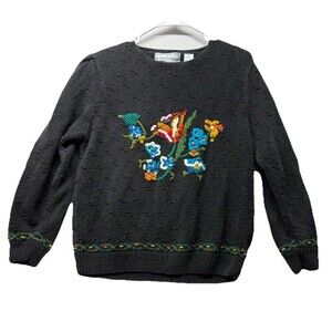 Vintage Portraits by Northern Isles Sweater Floral XL Cottage Chunky Knit Black